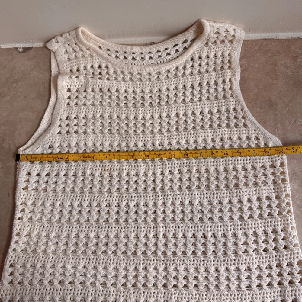 Ivory Open Knit Sleeveless Sweater Tunic Swim Cover Dress Womens Size L Beach